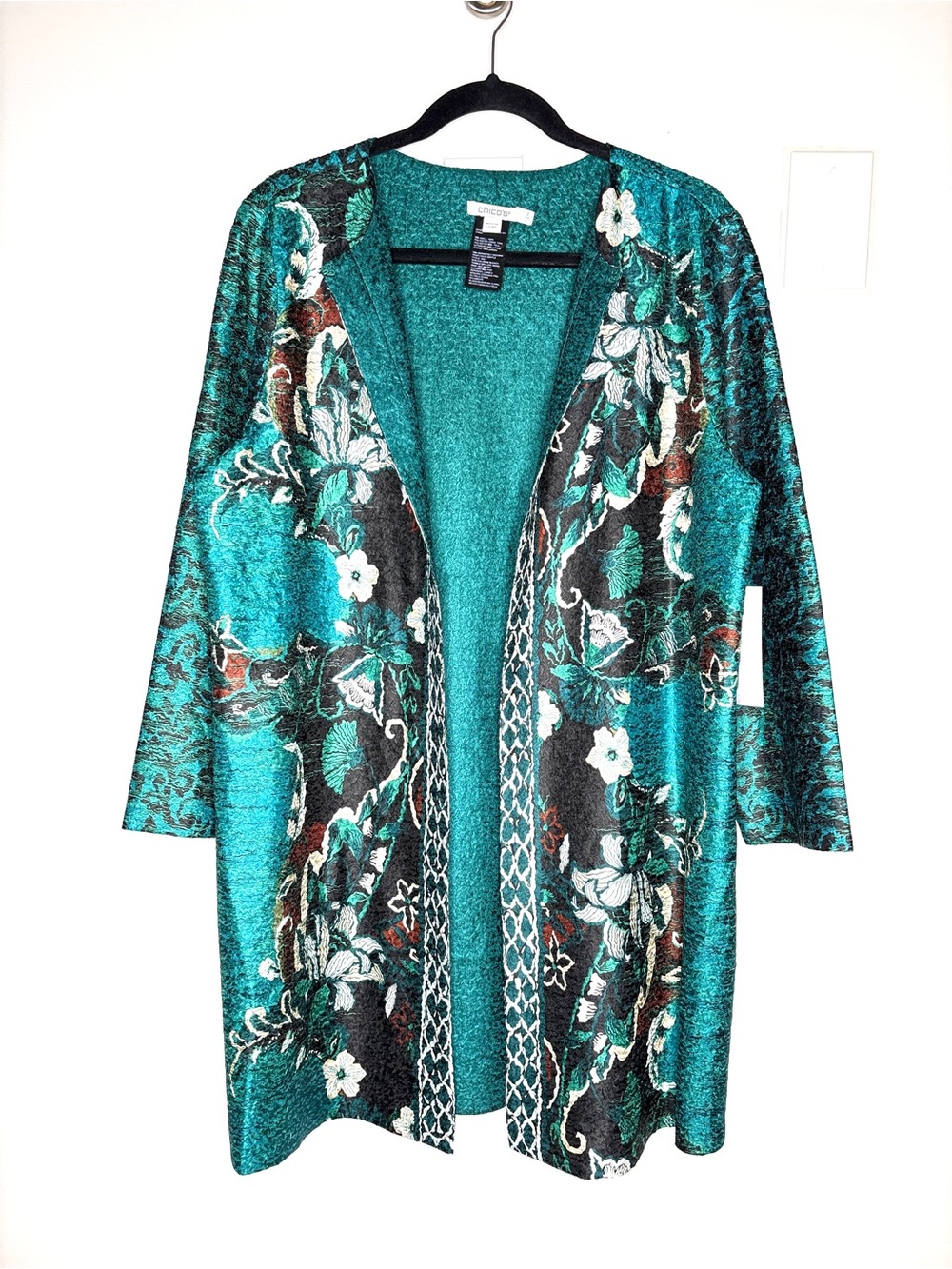 NWT Chicos Travelers Folklore Mix Crush Jacket Open In Peacock Teal Size 2 Large